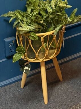 Natural Rattan Planter with Wooden Tripod Stand - Tan